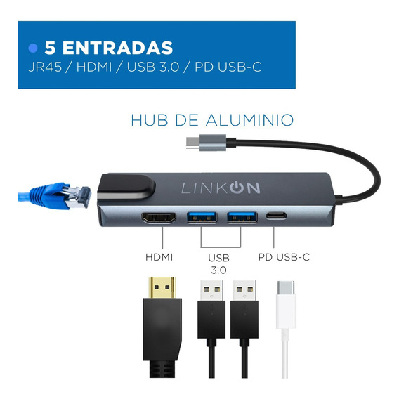 Hub Adaptador Usb Tipo C 5 En 1 Linkon Rj45 Para Mac Windows