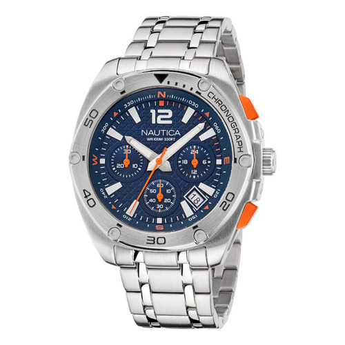 Reloj Nautica Naptcf212 Para Hombre Malla Plateado Bisel Plateado Fondo Azul