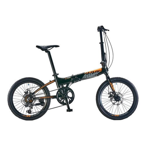 Bicicleta plegable Futura Origami  2022 R20 7v frenos de disco mecánico cambios Shimano Tourney color negro/naranja con pie de apoyo  