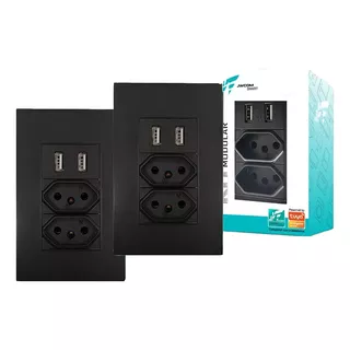 Kit 2tomada De Parede 10a 2 Saídas Usb P/ Cabeceiras Preto