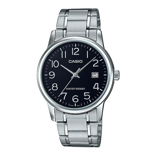 Reloj pulsera Casio MTP-V002 con correa de acero inoxidable color plateado - fondo negro