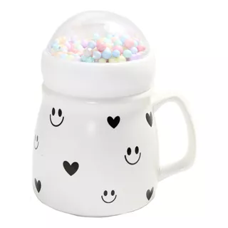 Taza Para Café C/tapa Caritas/bolitas 400ml Cerámica 12236