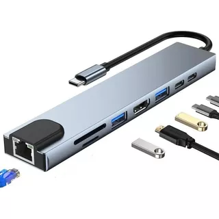 Adaptador Hub Usb-c 8n1 Hdmi Usb 3.0 Micro Sd Rj45 + Aliment