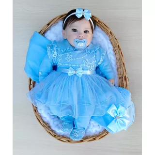 Saída De Maternidade Menina Azul Bebê Tule Bordado