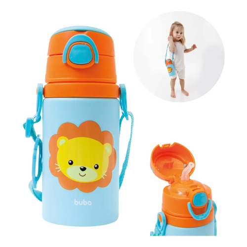 Garrafa Infantil de Alumínio Buba Leão com Canudo de Silicone 400 mL