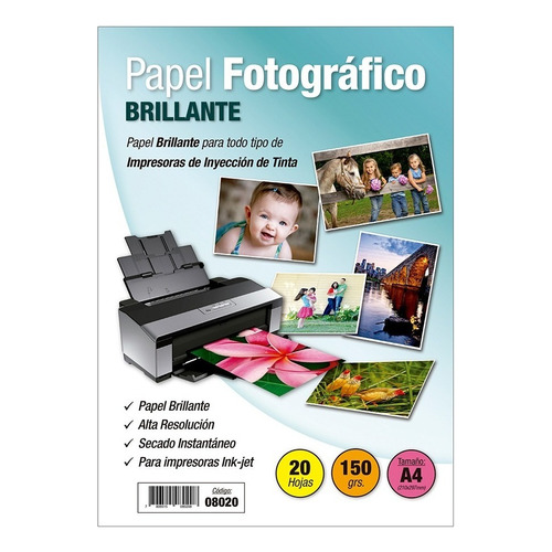 Papel Fotográfico Inkjet Glossy A4 150gr X 20 Hojas - 8020 Color Blanco