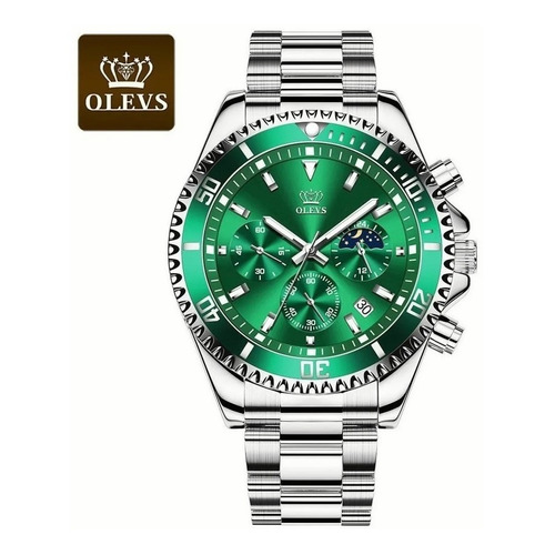 Reloj de pulsera Olevs 2870 de cuerpo color plateado, analógico, fondo verde, con correa de acero inoxidable color plateado, agujas color blanco y plateado, dial blanco y plateado, subesferas color verde, minutero/segundero blanco, bisel color verde, luz verde y desplegable