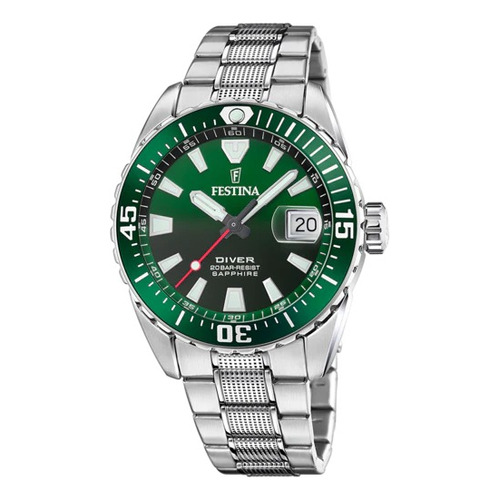 Reloj Festina Hombre Acero Verde Diver Buceo 200mts F20669.2 Color De La Malla Plateado