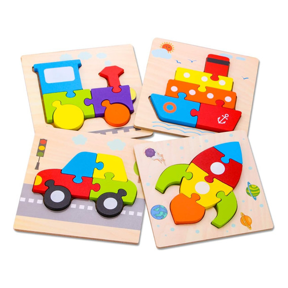 Set 4 Puzzles 3d Madera Bloques Multicolor Transportes