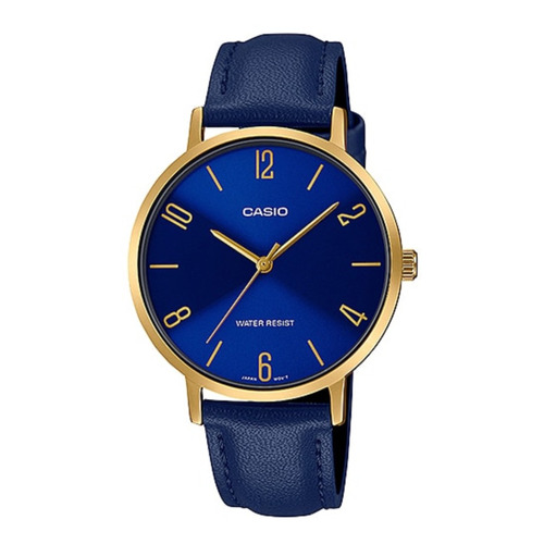 Reloj de pulsera Casio Dress LTP-VT01 de cuerpo color dorado, analógico, para mujer, fondo azul, con correa de cuero color azul, agujas color dorado, dial dorado, bisel color dorado y hebilla simple