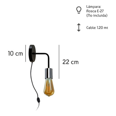 Aplique Vintage Negro Cromo Apto Led Pared Con Cable Velador