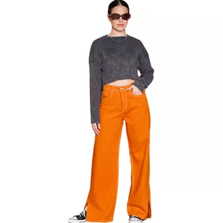 Pantalon Jean Wide Leg Cenitho Naranja Mujer Tajo Tiro Alto