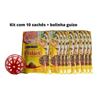 Kit Gatinho Feliz 10 Sachês Friskies Carne E Bolinha Guizo