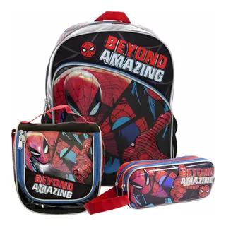 Set Escolar Spiderman Ruz Mochila, Lonchera Y Lapicera Color Negro Diseño De La Tela Liso