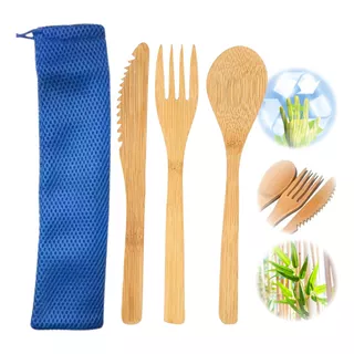 4 Juego De 3 Cubiertos Ecológicos Bambú Biodegradable Bolsit Color Azul
