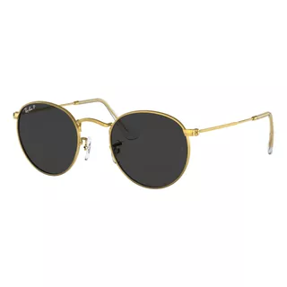 Anteojos De Sol Polarizados Ray-ban Round Metal Classic Standard Con Marco De Metal Color Polished Shiny Gold, Lente Black De Cristal Clásica, Varilla Polished Shiny Gold De Metal - Rb3447