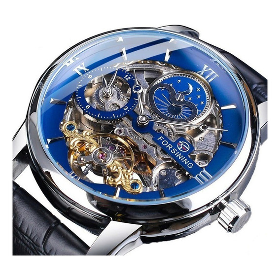 Reloj Mecánico Tourbillon Con Fase Lunar Fondo Azul