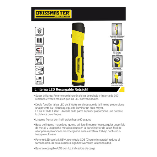 Linterna Led Recargable Retractil 3 W Crossmaster 9932728 Color de la linterna Amarillo Color de la luz Blanco