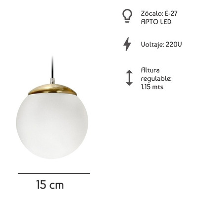 Colgante 1 Luz Globo 15cm Dorado Vidrio Opal Apto Led E27