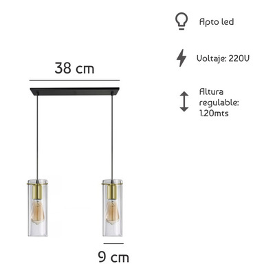 Colgante 2 Luces Dorado Deco Apto Led Cilindro Transparente 