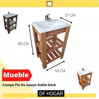 Mueble Para Baño Df Hogar Campo Pie + Bacha + Toallero + Espejo De 50cm De Ancho, 80cm De Alto Y 37cm De Profundidad, Con Bacha Color Blanco Y Mueble Nogal Claro Con Un Agujero Para Grifería