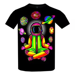 Playera Astronauta Meditando Fluorescente Neón Con Luz Negra