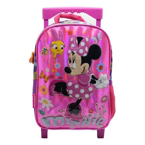 Mochila Minnie Mouse Escolar 12´´holográfica Disney Carrito Color Rosa Diseño de la tela Liso