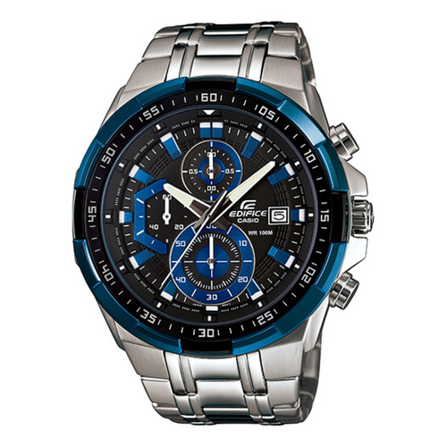 Reloj pulsera Casio EFR-539 con correa de acero inoxidable color plateado - fondo negro - bisel azul/negro