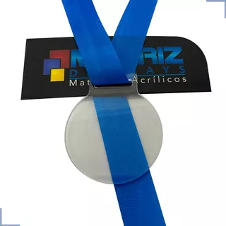 100 Medalhas Redondas 4cm Acrílico Cristal 2mm Fita Azul