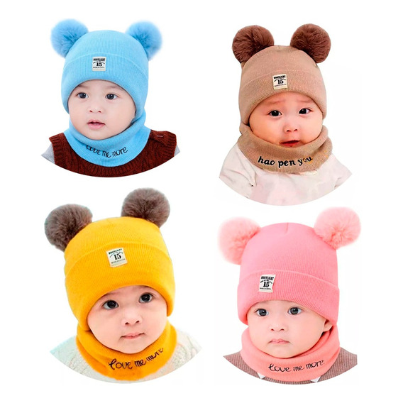 Pack X4 Gorros Con Pompones + Cuello Bebe Frio Hw-053