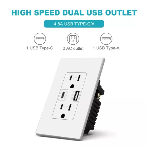 Cargador USB tipo C, toma de pared de 4.8 A, doble dúplex de alta velocidad  de 15 amperios, resistente a manipulaciones, placa de pared incluida