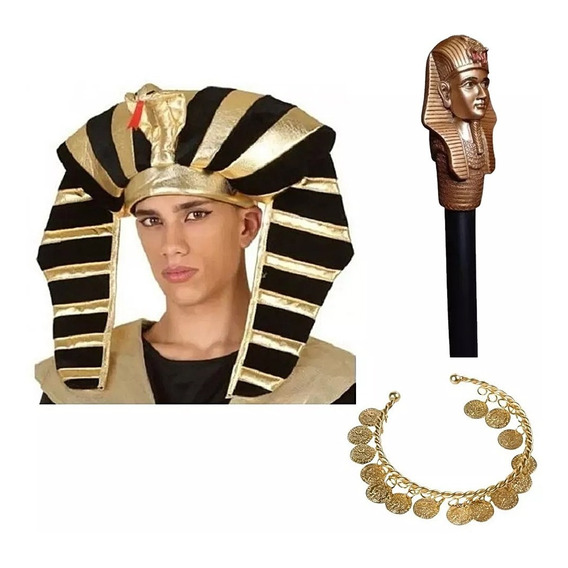 Combo Disfraz Egipcio Gorro Faraon Brazalete Baston Egipto