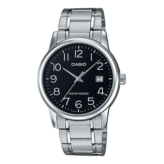 Reloj Casio Mtpv002 Hombre Acero Negro Fechador Correa Plateado Bisel Plateado Fondo Negro MTP-V002D-1B