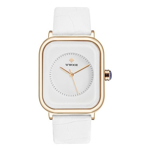 Reloj Wwoor de cuarzo para mujer, correa de piel, blanco, color bisel, dorado