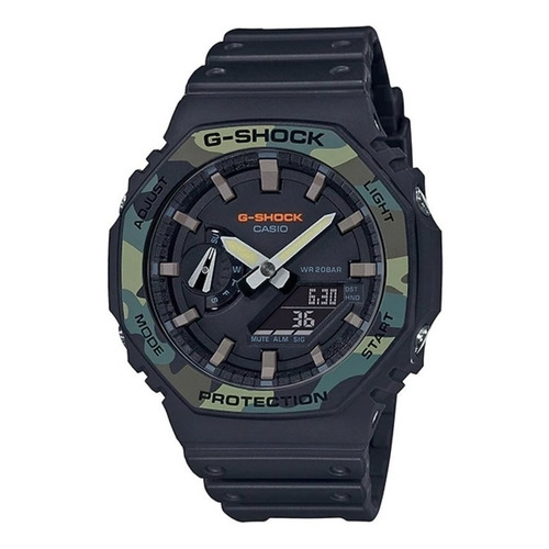 Reloj pulsera Casio G-Shock GA-2100 de cuerpo color negro, analógico-digital, para hombre, fondo negro, con correa de resina color negro, agujas color gris y beige, dial marrón, subesferas color negro, minutero/segundero negro, bisel color verde y marrón, luz blanco y hebilla simple