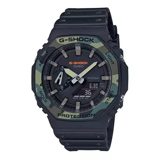 Reloj Pulsera Casio G-shock Ga-2100 De Cuerpo Color Negro, Analógico-digital, Para Hombre, Fondo Negro, Con Correa De Resina Color Negro, Agujas Color Gris Y Beige, Dial Marrón, Subesferas Color Negro