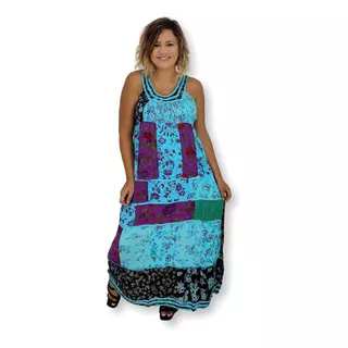 Vestido Longo Regata Patchwork Indiano Bordado