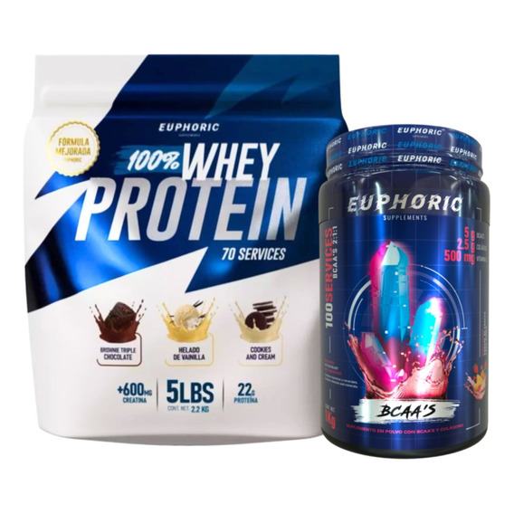 Kit Aminoácidos Bcaas 1kg+ Proteína 100% Whey 2.2kg Euphoric