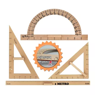 Kit Geométrico Profº Mdf Régua 1 Mt Esquadro 45º/60º Transf.