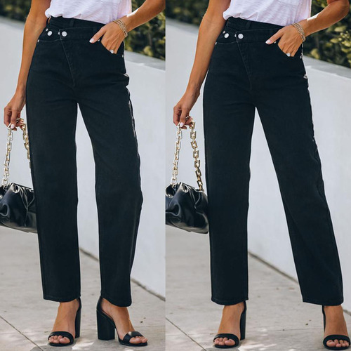 Pantalones Mujer Negro Cintura Irregular Diseño Personalidad 