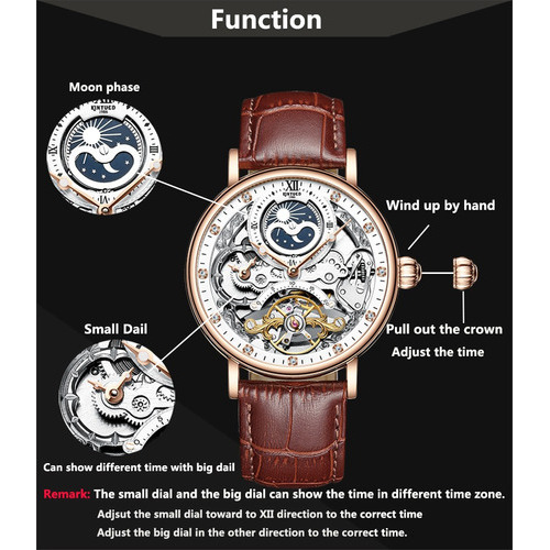 Kinyued Reloj Elegante Mecánico Automático Skeleton Piel