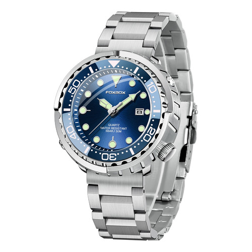 Reloj De Pulsera Ejecutivo Impermeable C/calendario P/hombre Correa Plateado Bisel Plateado Fondo Azul