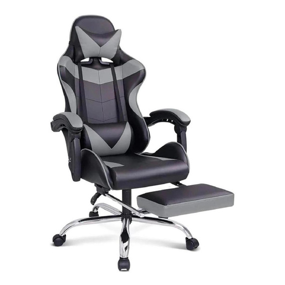  Lumax Silla gamer con reposa pies ergonómica  negra y gris con tapizado de cuero sintético