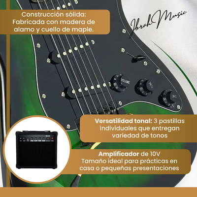 Guitarra Eléctrica Stratocaster Ibrah + Amplif + Accesorios Color Negro