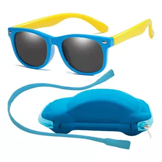 Óculos De Sol Flexível Infantil + Case Carrinho Azul Amarelo