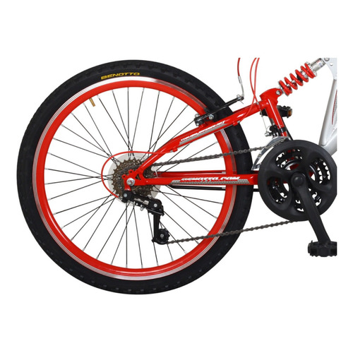 Mountain bike masculina Benotto Montaña Rush R24 Único 21v freno v-brakes cambios Sunrace color plateado/rojo con pie de apoyo
