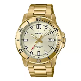 Reloj Pulsera Casio Dress Mtp-vd01gl-1e De Cuerpo Color Dorado, Analógico, Para Hombre, Fondo Beige, Con Correa De Acero Inoxidable Color Dorado, Agujas Color Dorado, Blanco Y Rojo, Dial Blanco Y Negr