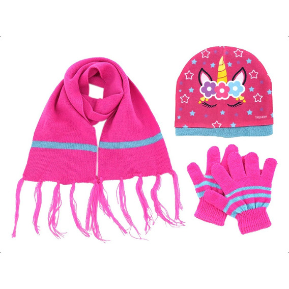 Kit Gorro Guantes Bufanda Nena Niña Infantil Unicornio Rosa