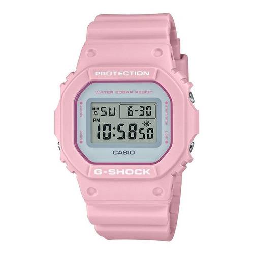Reloj pulsera digital Casio DW5600 con correa de resina color rosa claro - fondo gris - bisel rosa claro/blanco