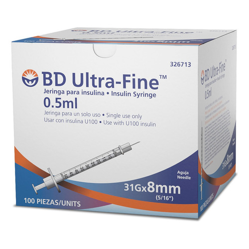 Jeringa De Insulina Bd Ultra-fine 0.5ml 31g 8mm- 100 U Capacidad en volumen 5 mL